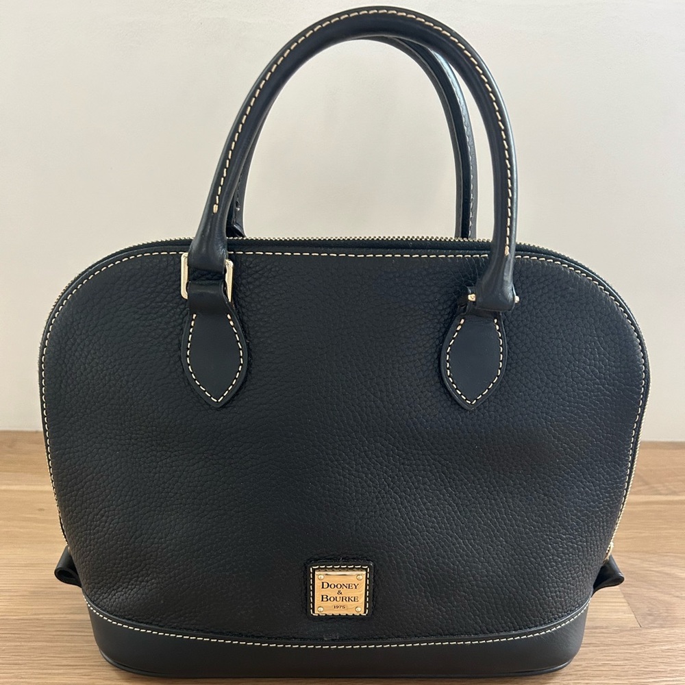 Dooney & Bourke Italian Saffiano black leather zip top handle satchel.